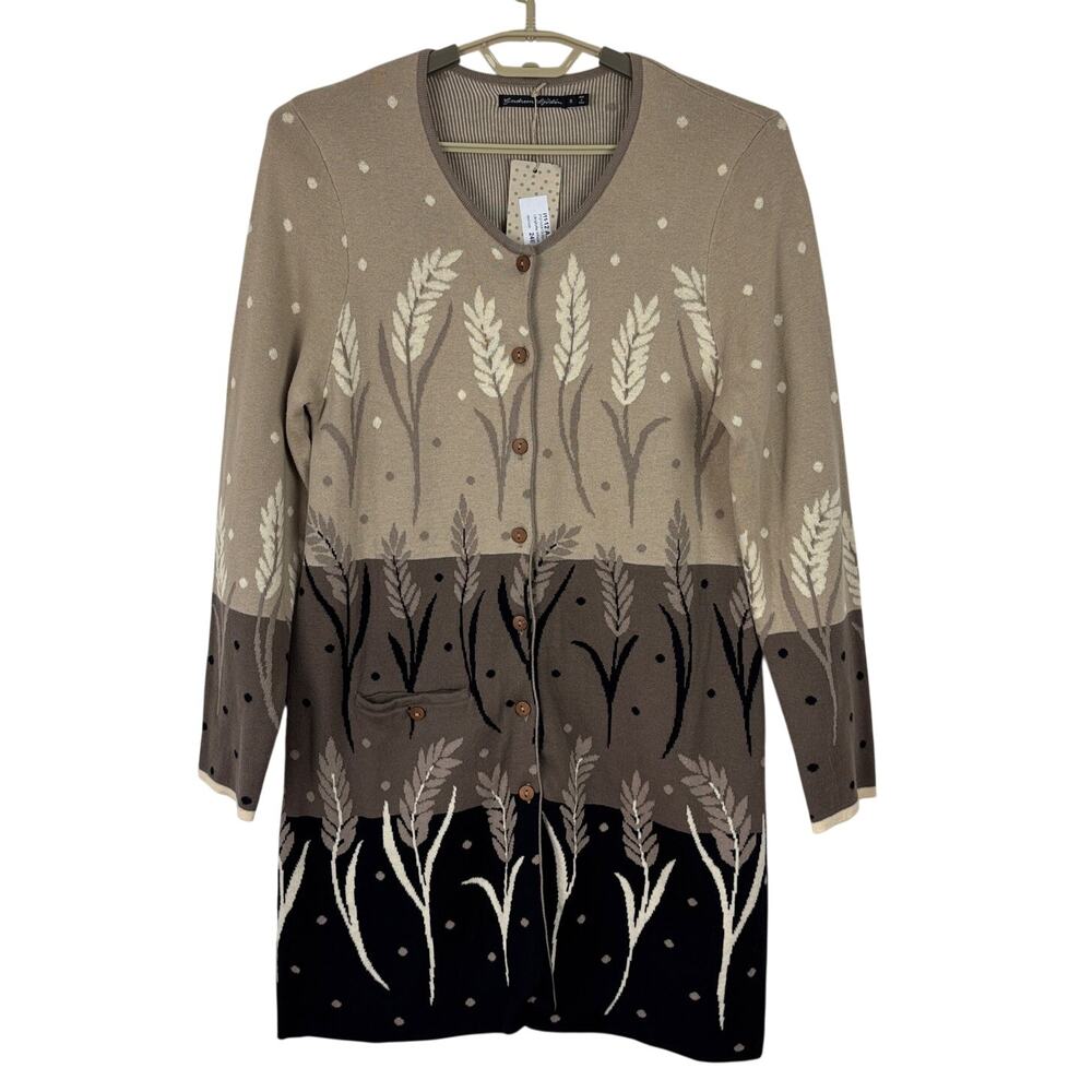 Gudrun Sjoden Long Cardigan Wheat Print Neutrals Small NEW 100% cotton